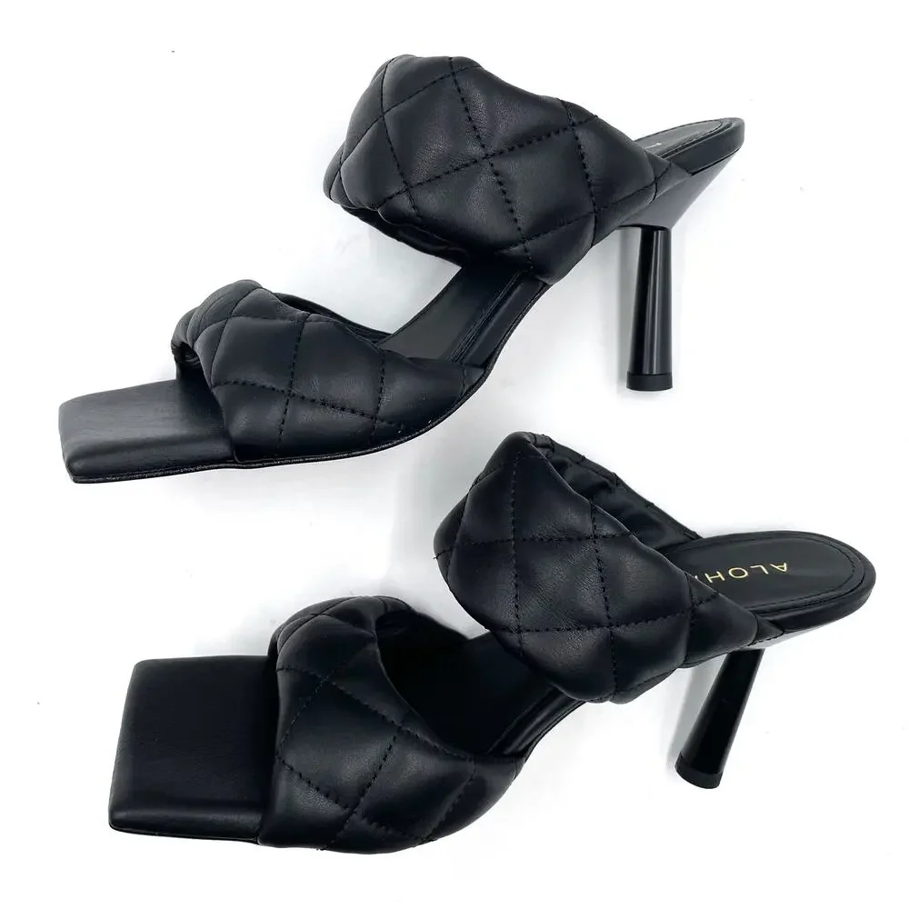 Alohas Conner Sandals Black Leather Quilted Heels‎ Square Toe Sz 8.5